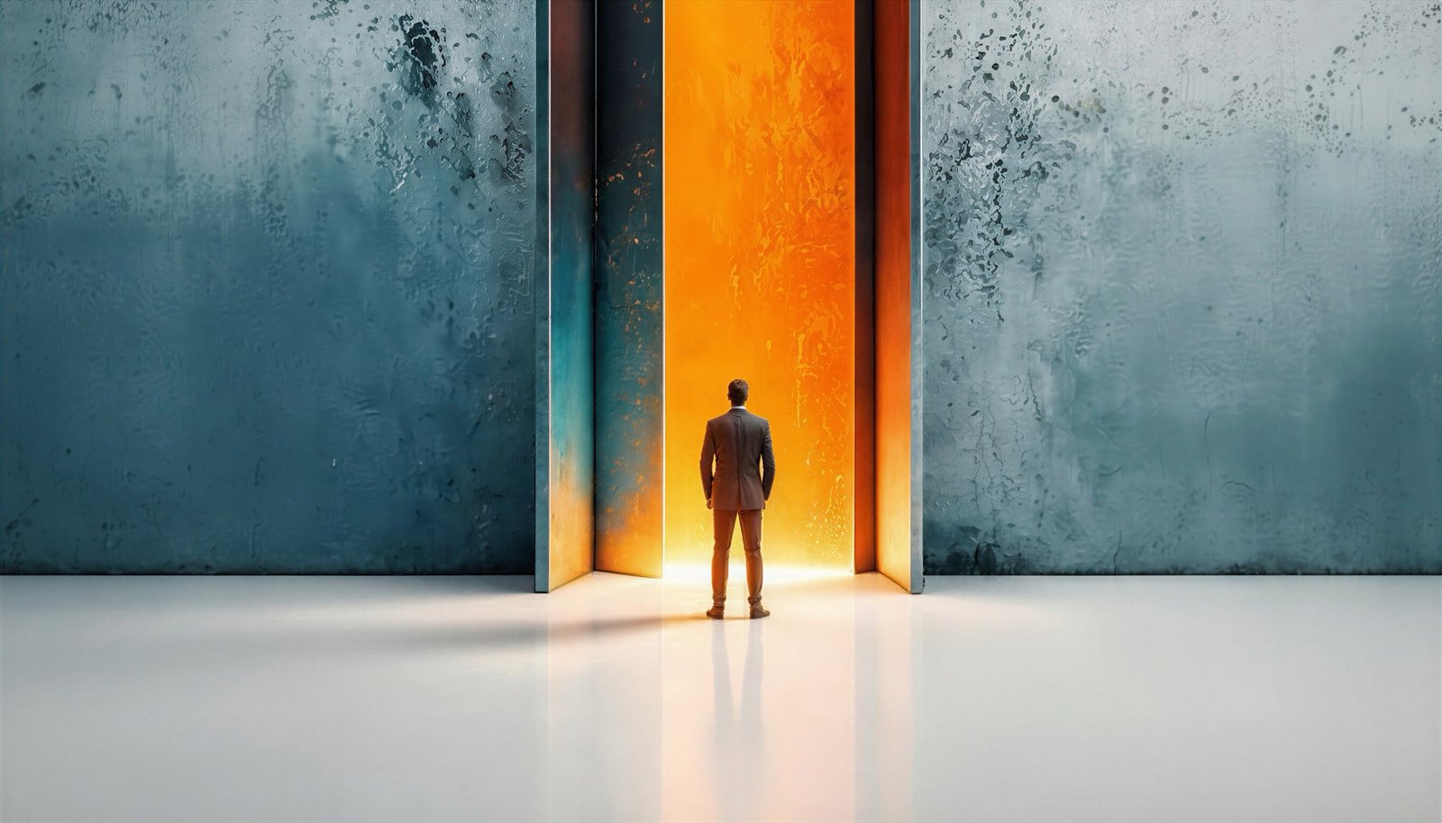 A man in a suit standing in front of a doorway of light, cut through two vast slabs of concrete.